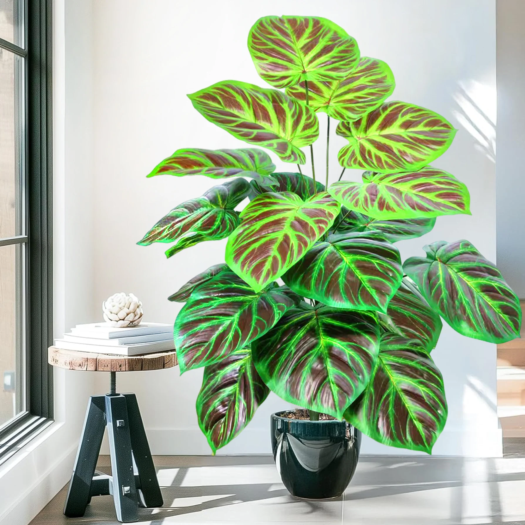 110cm Artificial Wine Red Alocasia Leaf Monstera Leaf Green Plant for Home Garden Room Office Decoration