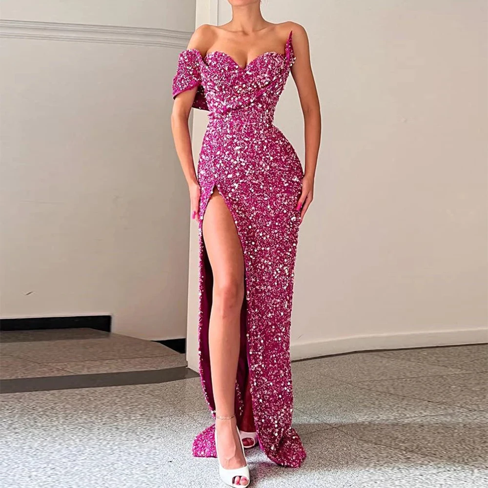 

Pink Women's Evening Dresses Sexy Off Shoulder Mermaid Sparkling Sequins Side High Split Princess Prom Cocktail Gowns 2023 Robe