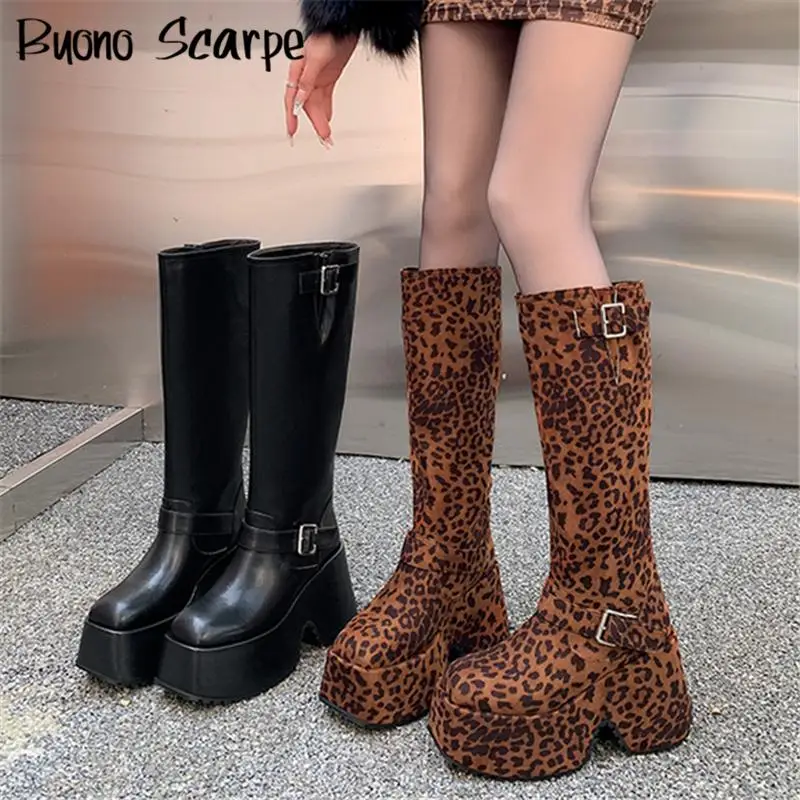 Leopard Genuine Leather Belt Buckle Round Toe Thick Sole Platform Chunky Heels Women Boots New Fashion Trend Western Sexy Shoes