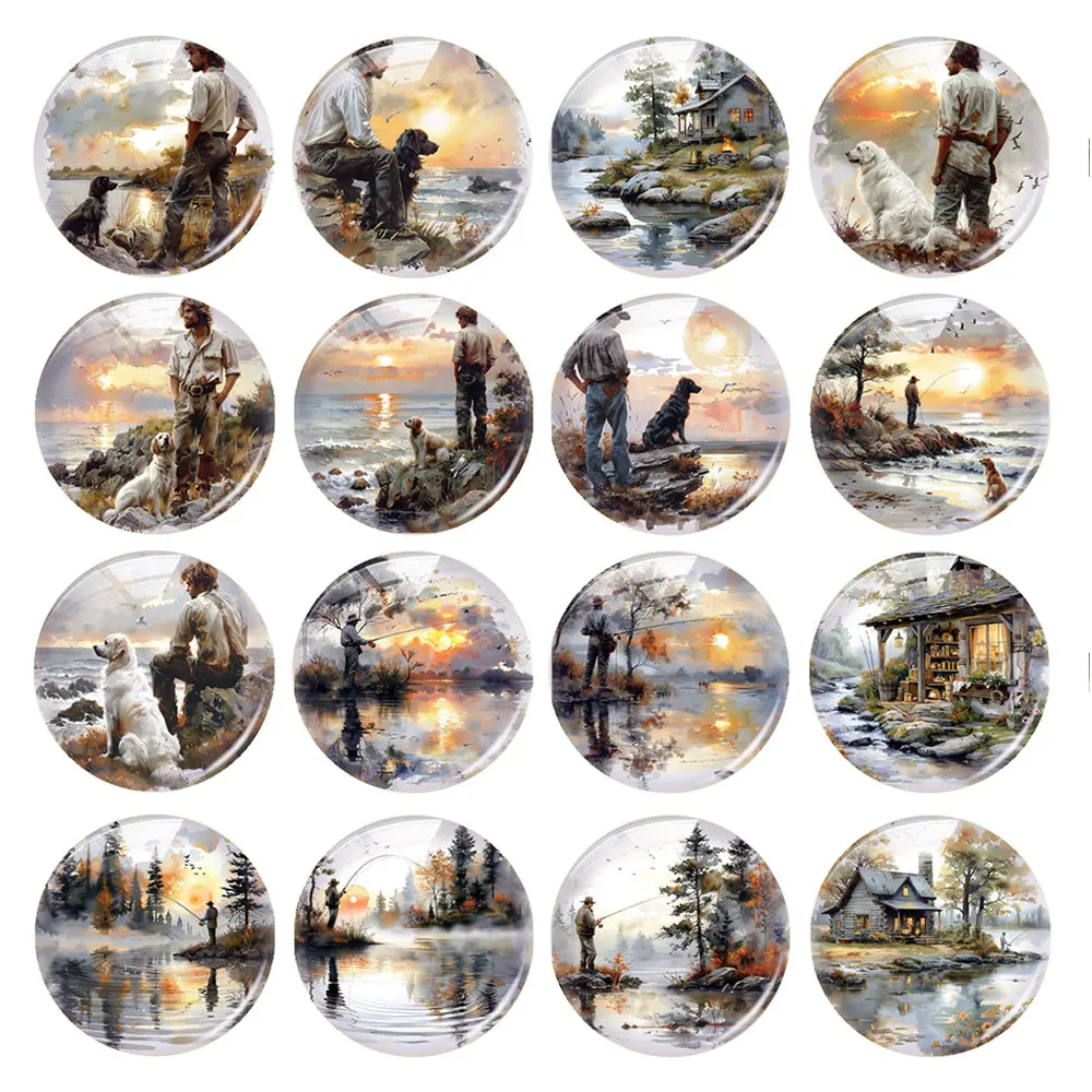 Random Mixed Round/Oval/Square Lake Fishing Man Sunset Dog Photo Glass Cabochon Flatback Demo Cameo For Diy Jewelry Making