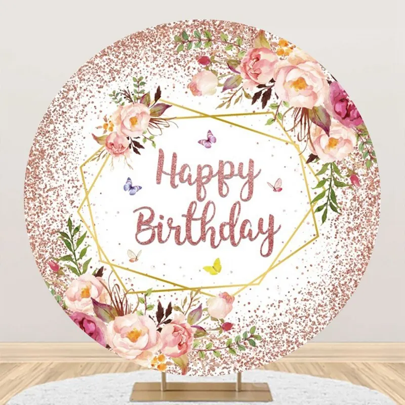 Adult Happy Birthday Round Photography Backdrop Cover White Gold Glitter Balloon Circle Baby Shower Photo Background Studio Prop