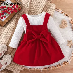 Prowow Newborn Baby Dresses Christmas Ribbed Knit Romper and Red Velvet Overalls Dress For Infants My First New Year Costume