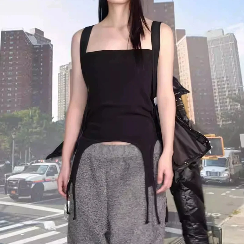 2000s Koreanische Sommer Straße Harajuku Vintage Casual Ärmellose Square Neck Weste Frauen Einfarbig Kreative Band Schlank Tanks tops
