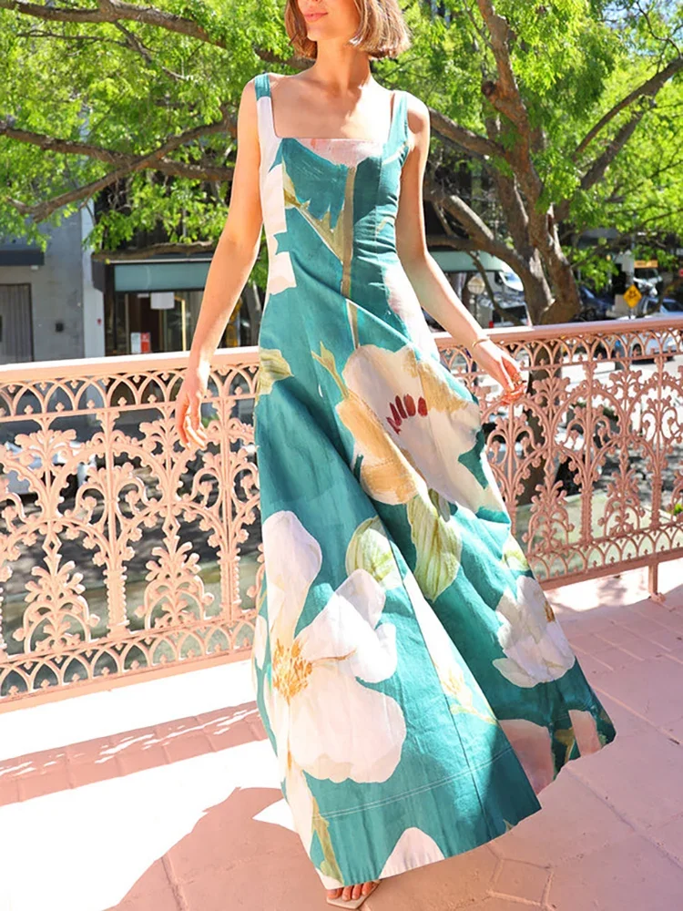 

2025 New Fashion Summer Women's Sleeveless Dresses Casual Style Polyester Material Square Neck Printed Strap Dress
