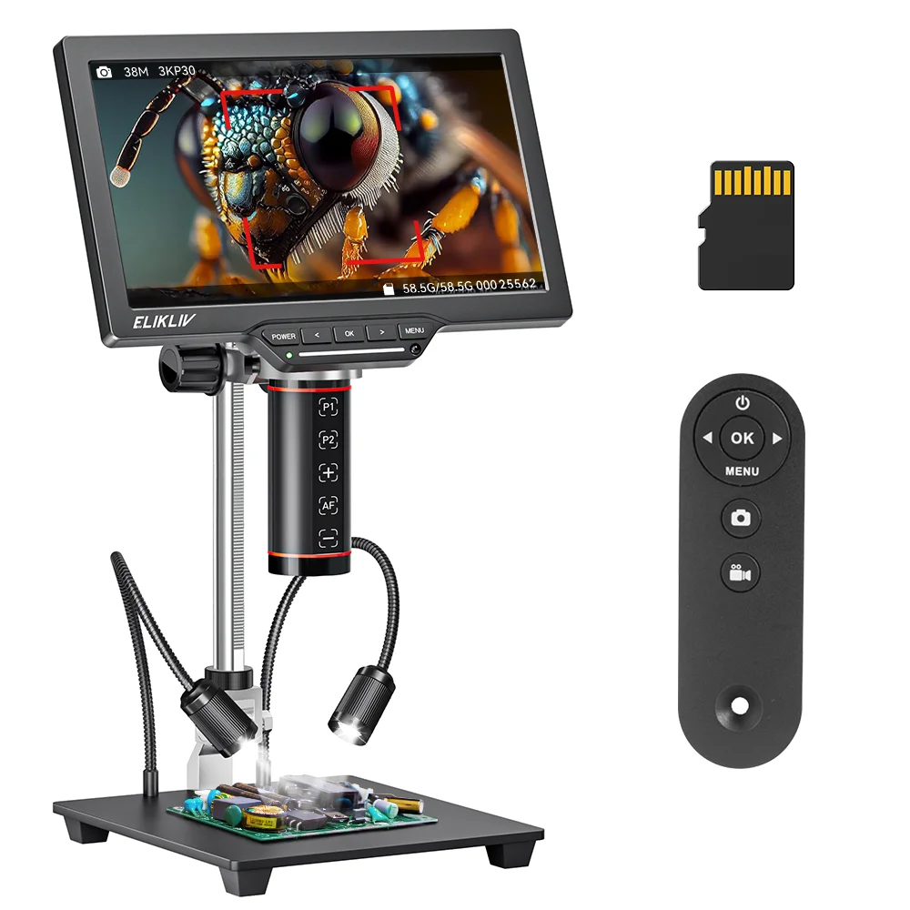 Elikliv Autofokus-Digitalmikroskop EM3K-AF Max 10,1" HDMI Münzlupe 3K IPS-Bildschirm Löt-Mikroskop für Handy- und Elektronikreparaturen mit 10" Ständer