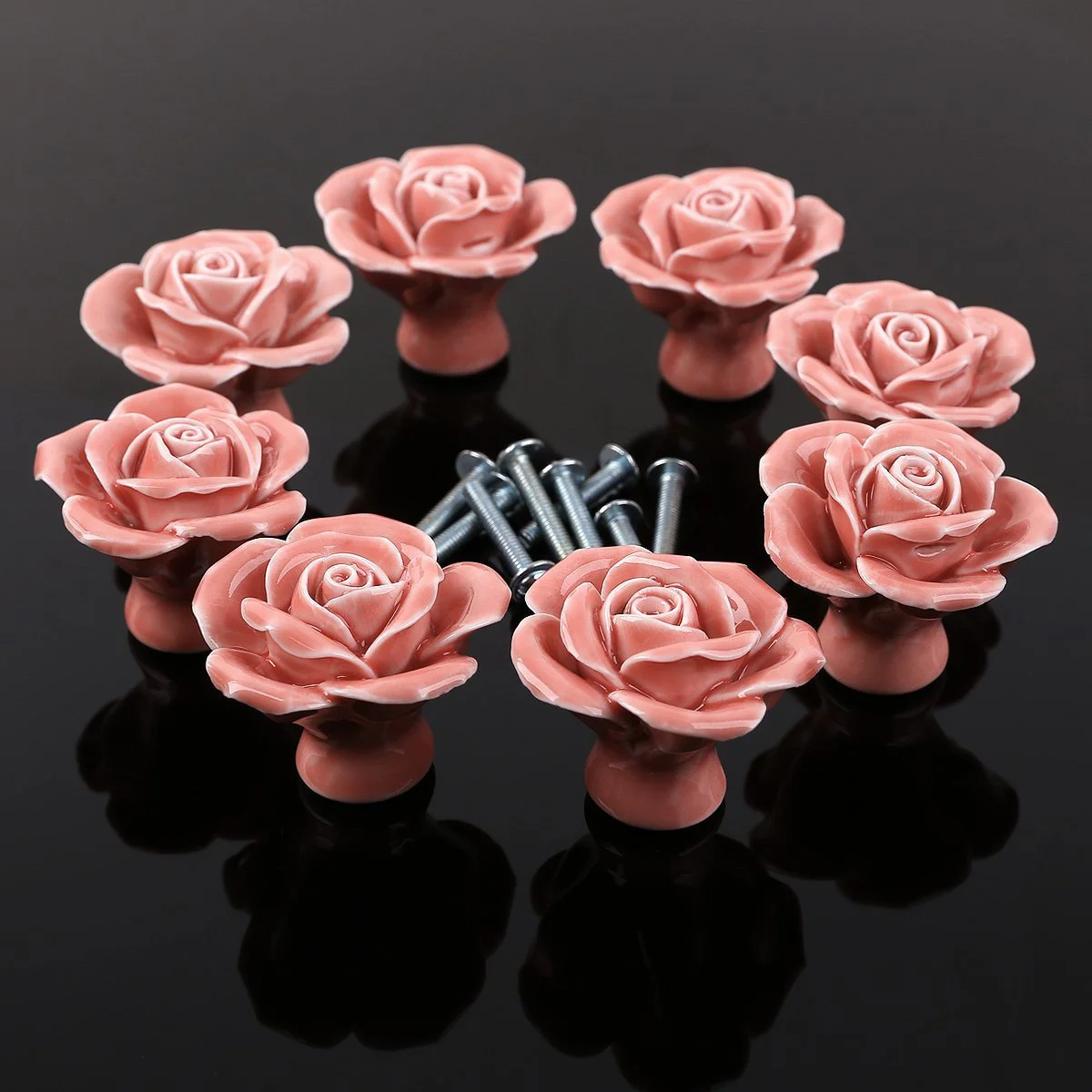 

8Pcs Pink Rose Shaped Ceramic Pull Handles for Cabinet Drawer Wardrobe Cupboard Door Knobs Replacement Hardware 41x41x34mm