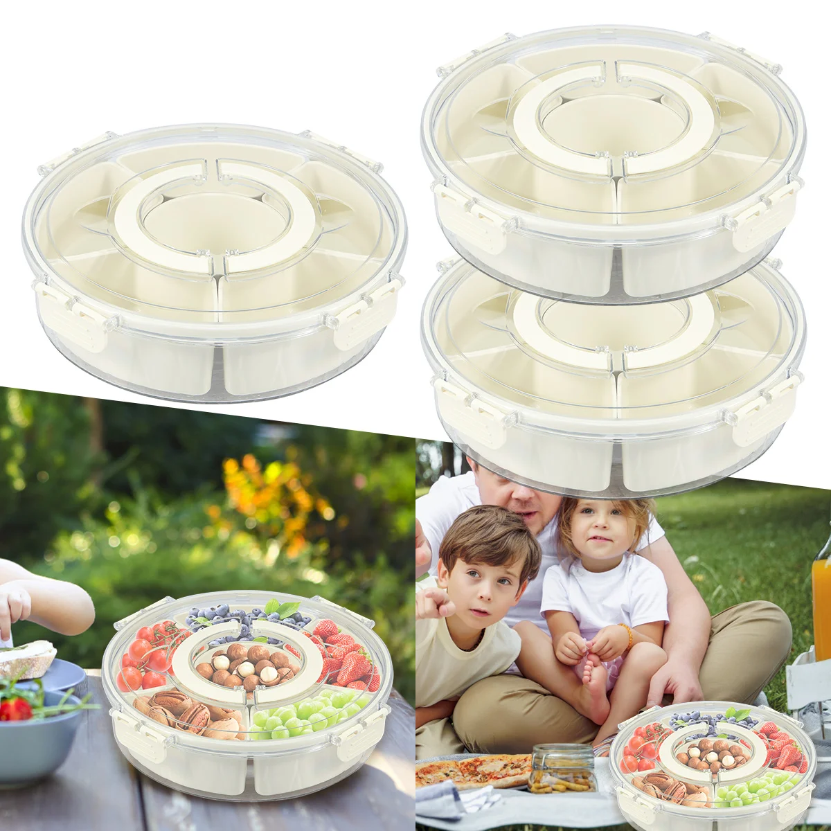 Divided Serving Tray Large-Capacity Snack Spinner with Lid and Handle Snackle Box Rotatable Clear Snack Charcuterie Container