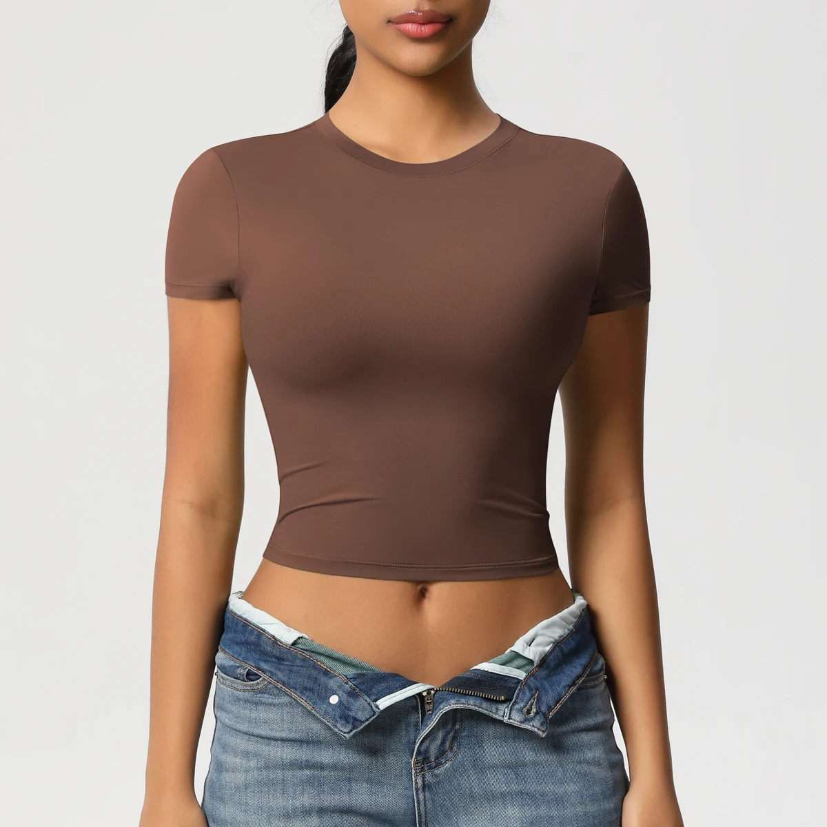 Frauen Sport Shirt Kurzarm Gym Top Workout Kleidung Hohe Elastische Active Wear Femme Lauf Zubehör Fitness T-shirt – Detail 2