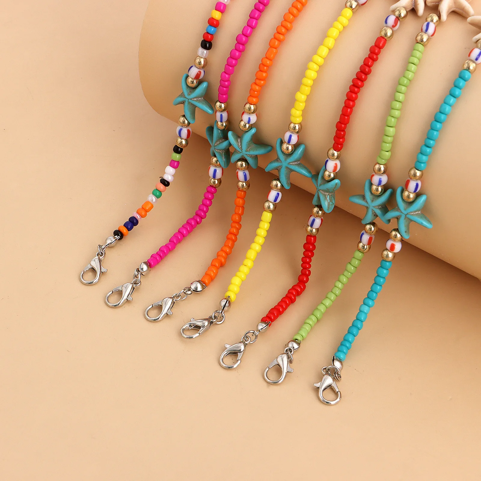 Bohemian Seed Beads Necklace Ocean Multi Pendant Starfish Shell Choker Adjustable Beach Jewelry for Women Festival Gift