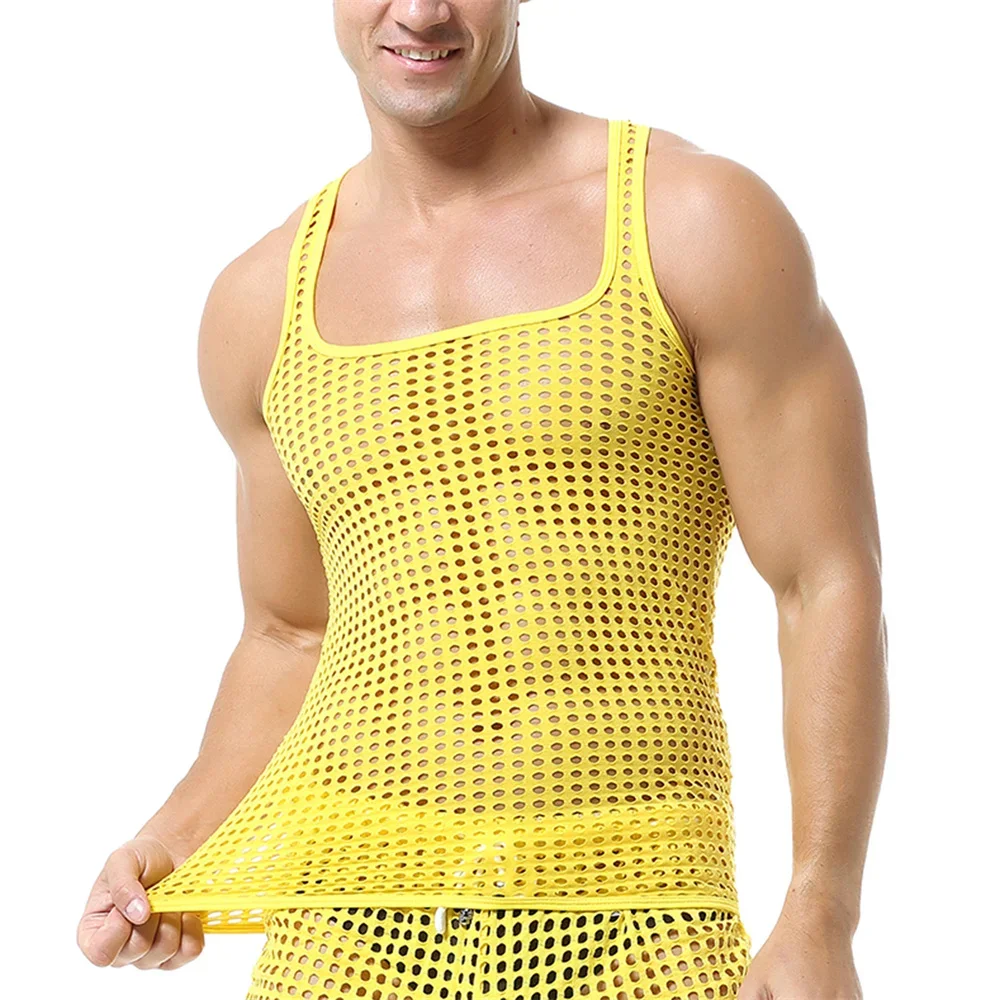 Sexy Mens Mesh Undershirts Hollow Out Breathable Sports Fitness Tank Tops See Through Male Muscle T-shirts Sheer Stretchy Vest