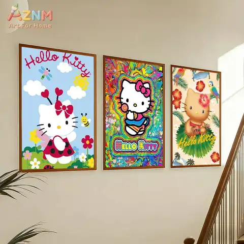 AZNM Hello Kitty Kawaii Canvas Wall Art, Cute Sanrio Character Print Poster, Cartoon Cat Ladybug Hawaii Decorative Painting, Unf