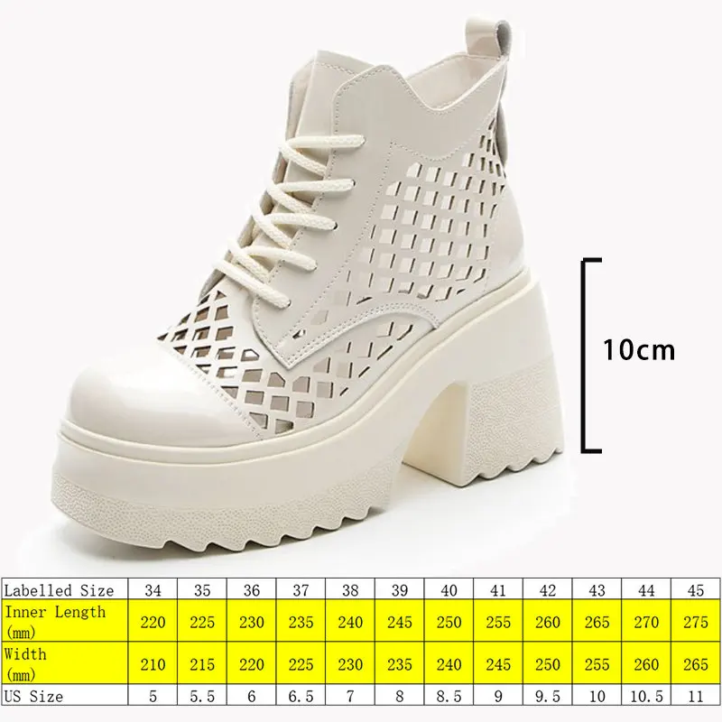 Fujin 10CM Patent Wedge Pumps High Brand Hollow Genuine Leather Summer Fashion Mid Calf Ankle Boots Women Platform Wedgge Shoes