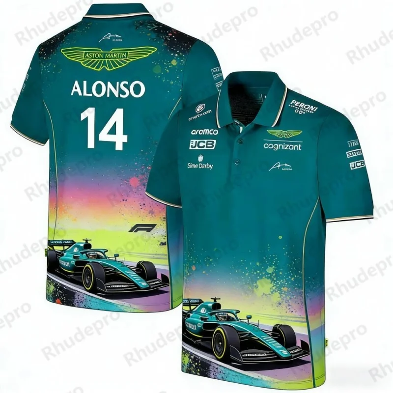 アストンマーティン-チーム-アロンソ-14-f1-レーシングテーマ-ポロシャツ-カジュアルスポーツトップ-夏用-レーシングファン向け