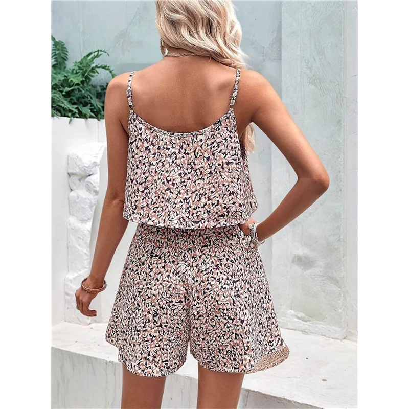 CYL-السروال القصير الصيفي للمرأة الأزهار ساحة الرقبة كشكش أكمام السراويل Flowy حللا عطلة وتتسابق