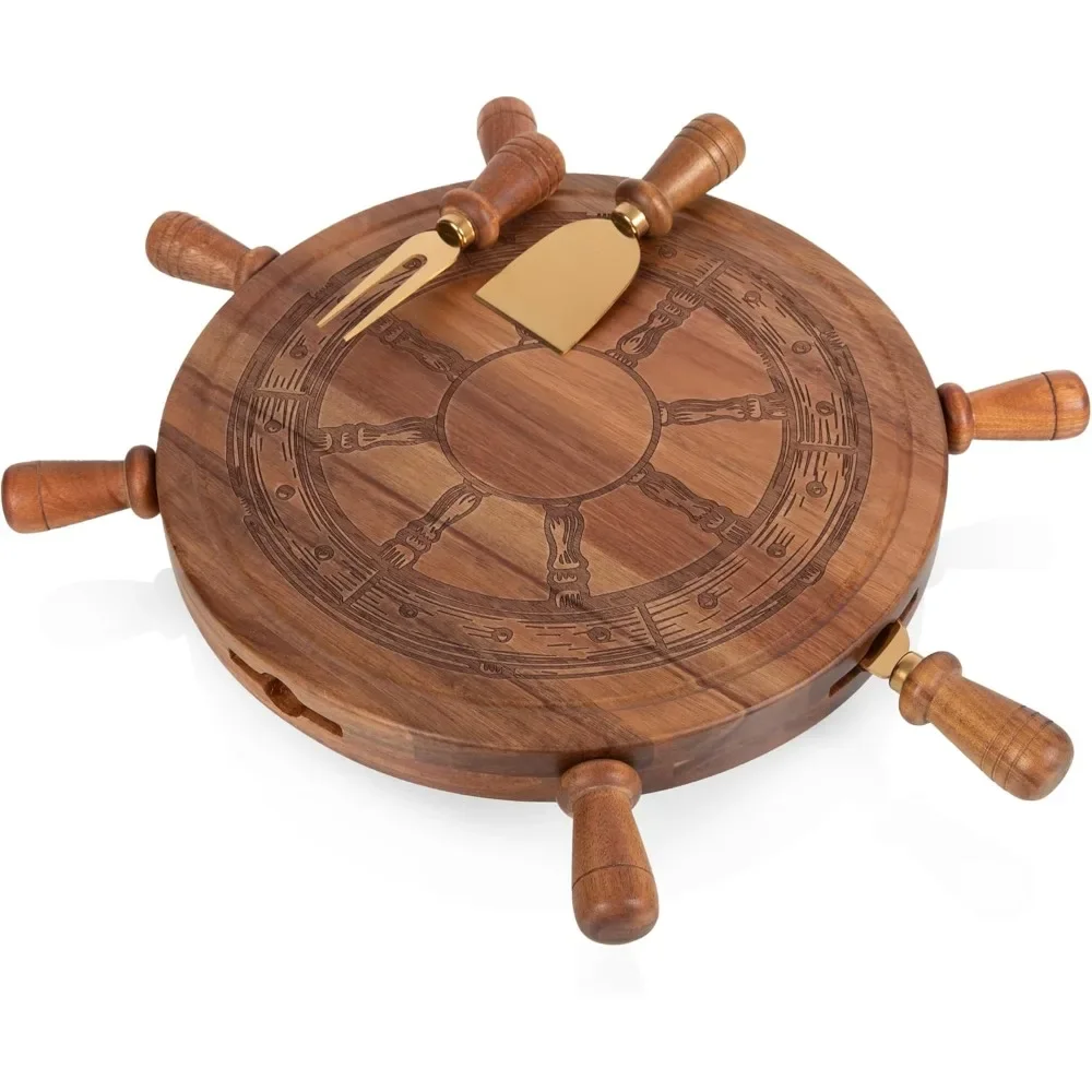 

PICNIC TIME Helmsman Lazy Susan Cheese Board and Tool Set, Charcuterie Board Set, Wood Cutting Board with Cheese Knives