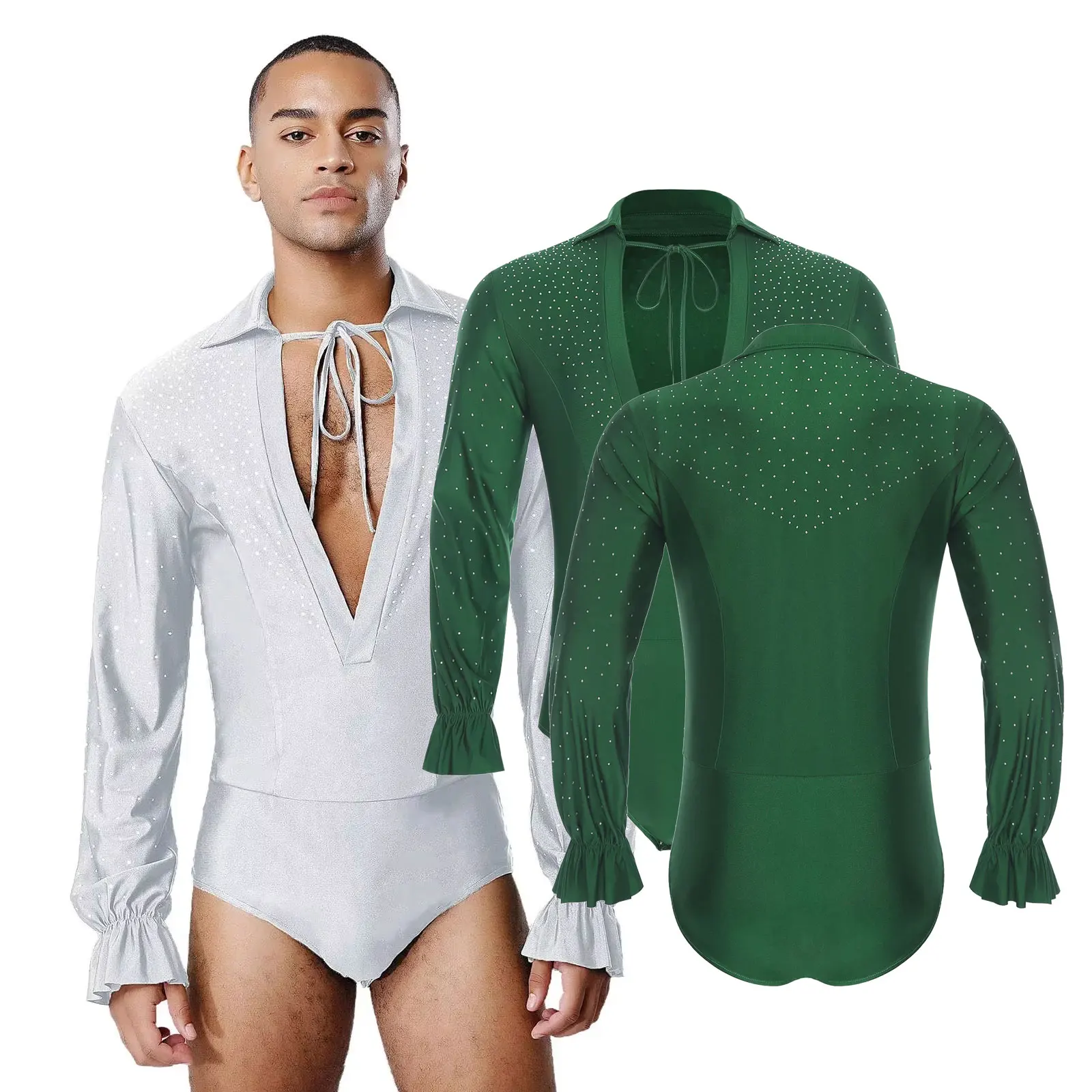 

Men's Deep V Neck Latin Modern Dance Leotard Rhinestones Jazz Rumba Chacha Ballroom Shirts Bodysuits Samba Salsa Tango Jumpsuit