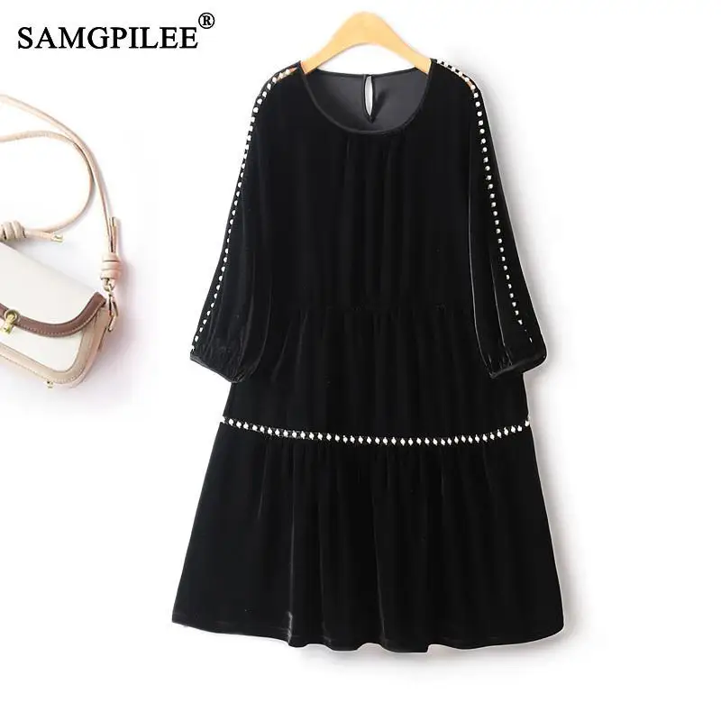 

European Retro Style Elegant Party Dresses For Women 2023 Three Quarter Sleeves Beaded Velvet O Neck A Line Drape Female Dress