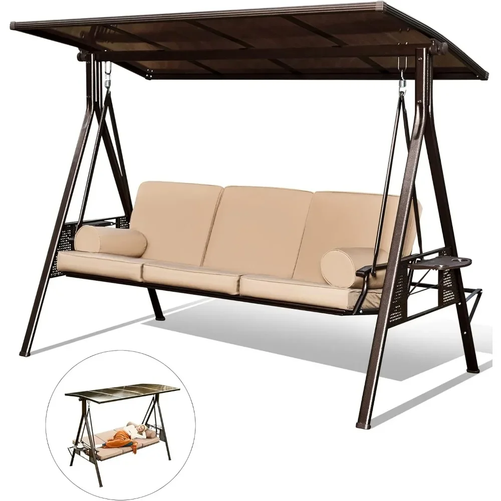 71in Outdoor Porch Swing with Hardtop, 3 Seat Patio Swings Bench with 2 Side Cup Holder, Convertible Backrest Swing Bed