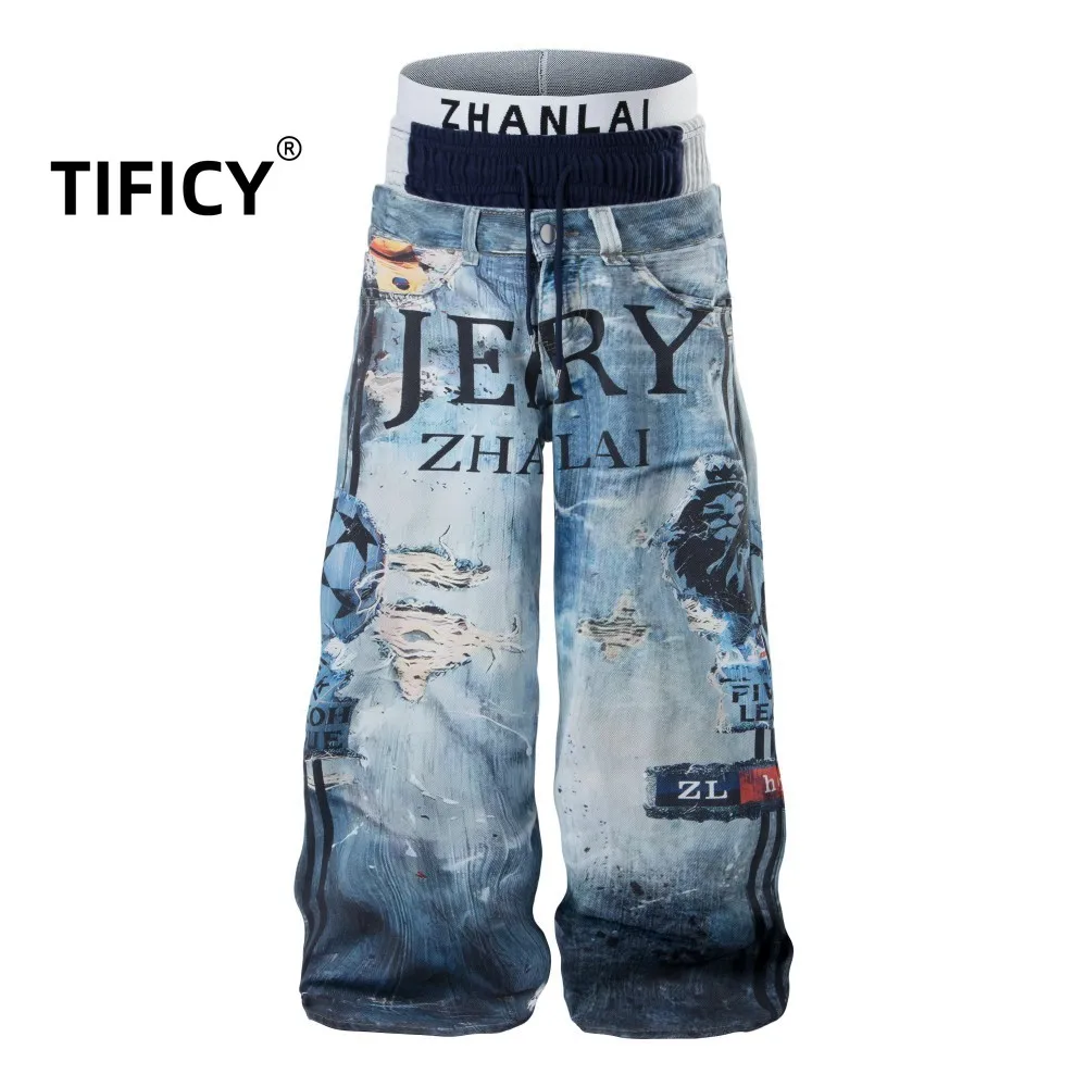 High Street Pant Women's Retro Pickled Vintage Wide Leg Jeans Fake Two Piece Waist 3D Printed Punch Style Street Pants