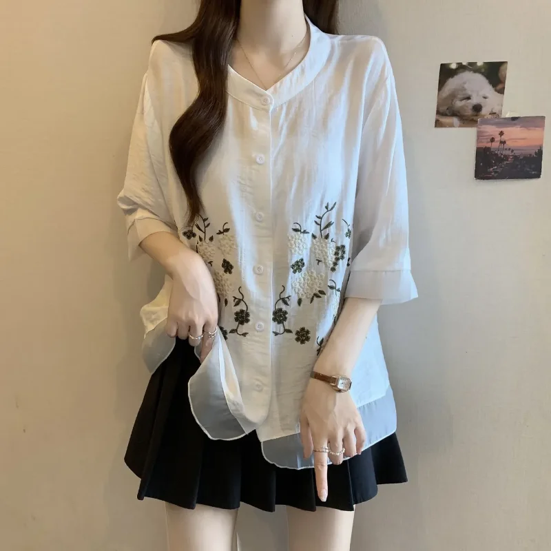 

Retro Cotton Linen Chinese Embroidery New Short Sleeved Chiffon Shirt Summer Loose Fit Slimming Shirt All-match Top