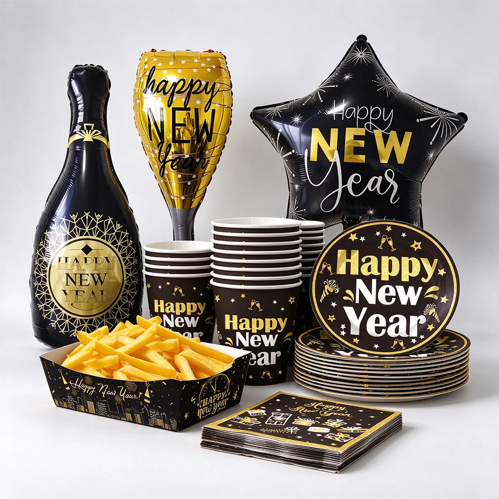 2027 Happy New Year Party Black Gold Disposable Paper Plates Cups Napkins Food Trays Foil Balloons New Year Eve Party Decor