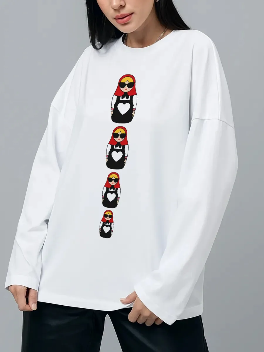 Large Size Pure Cotton Long-Sleeve T-Shirt Russian Matryoshka Doll Graphic Print Top Funny Cartoon Russian Girls Leisure Basic
