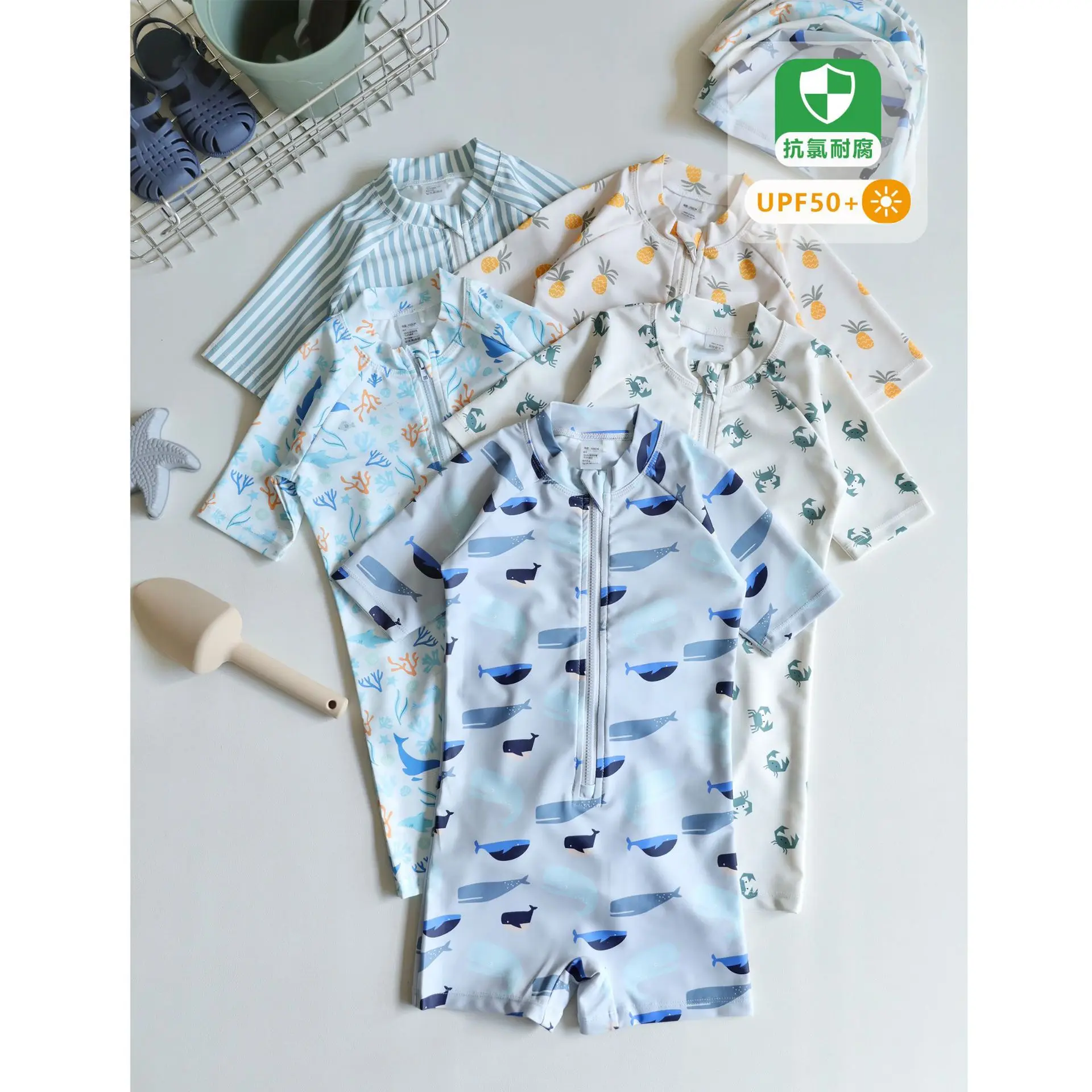 Boys' Sun Protection One-piece Swimsuit, 2026 Summer New Cartoon Fashion Quick Drying Beach Wear For Boys And Girls, Swim Cap