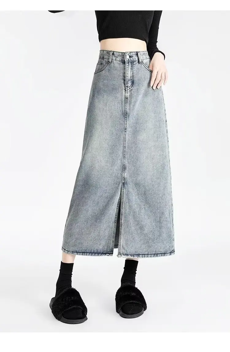 Korean Style Denim Skirt Women\'s Retro Blue High Waist Long A-line Skirt Design Sense Niche Long Skirt