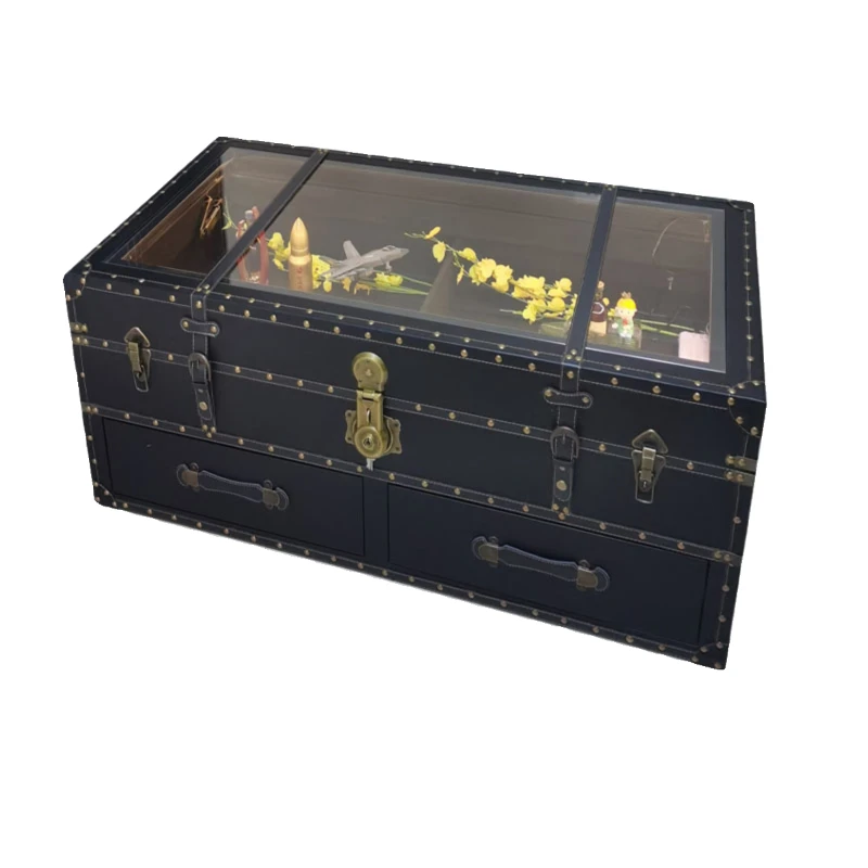 

European retro storefront display cabinet table tempered glass table leather box size personalized creative bar large coffee