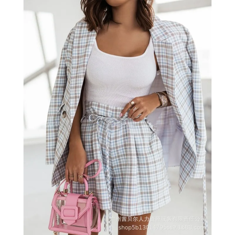 Autumn Blazers Coat New Women's Plaid Cardigan Slim Single Button Blazer Women's Fashion Flared Sleeves Turn-down Collar Coat