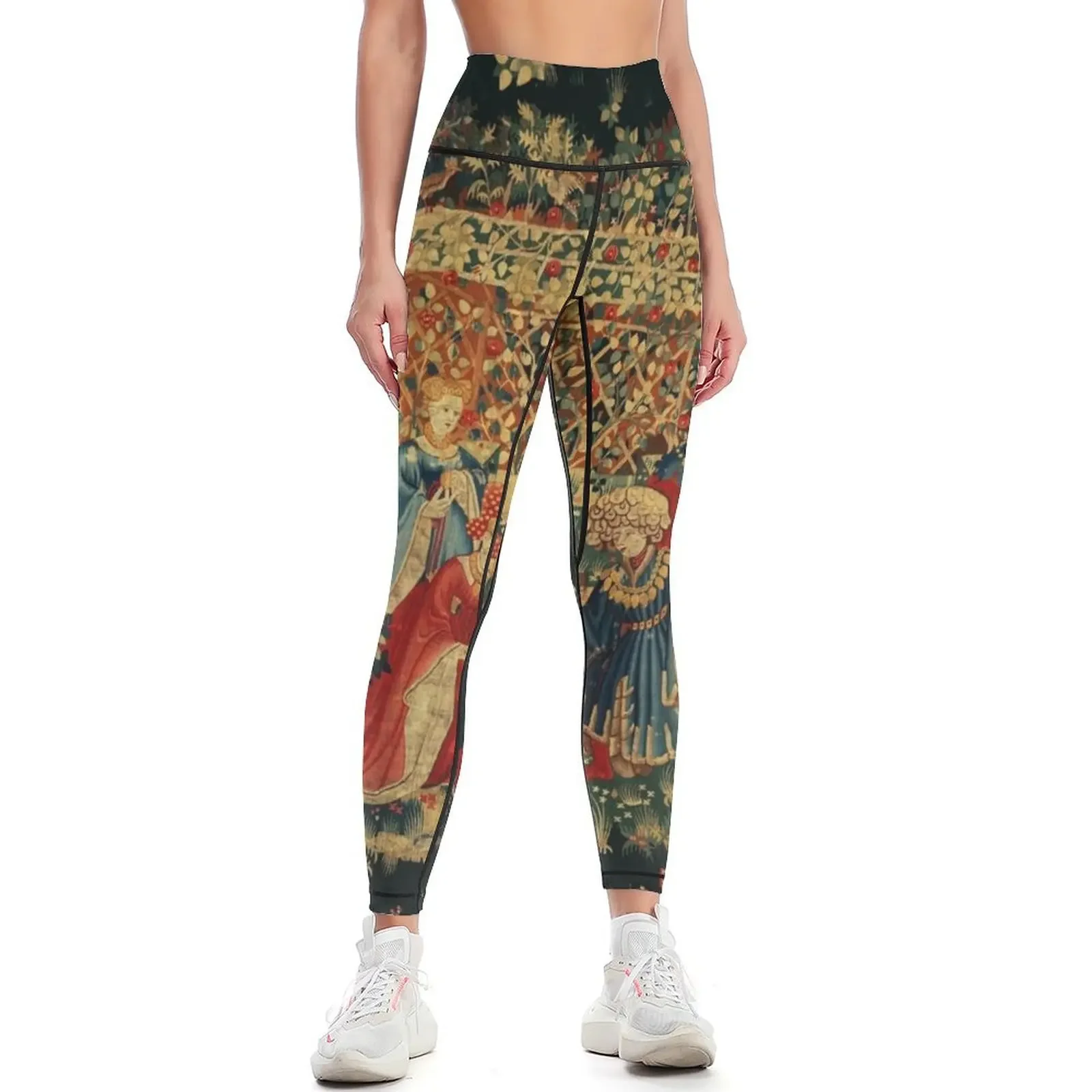 

FALCONS BATH Red Blue Antique Medieval Tapestry,Court Figures,Birds, Flowers ,Rose Trellis Leggings sport set Womens Leggings