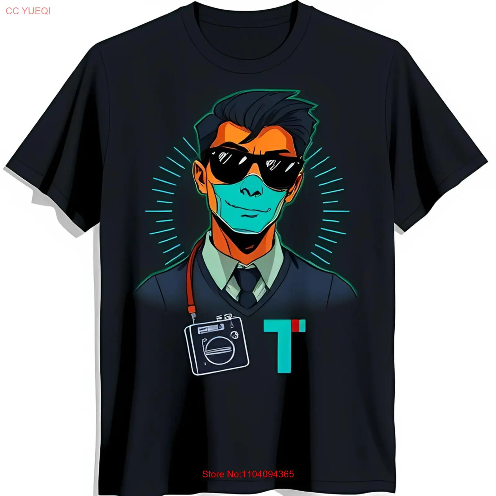 

Cool Black T-Shirt with Cartoon Man in Sunglasses & Blue Mask Graphic