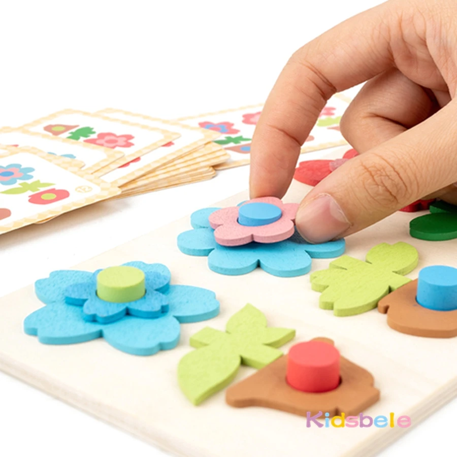 モンテッソーリ DIY 木製フラワーパズルボードゲーム カード付き 形状・色認知＆マッチング 幾何学教育玩具 子供向け