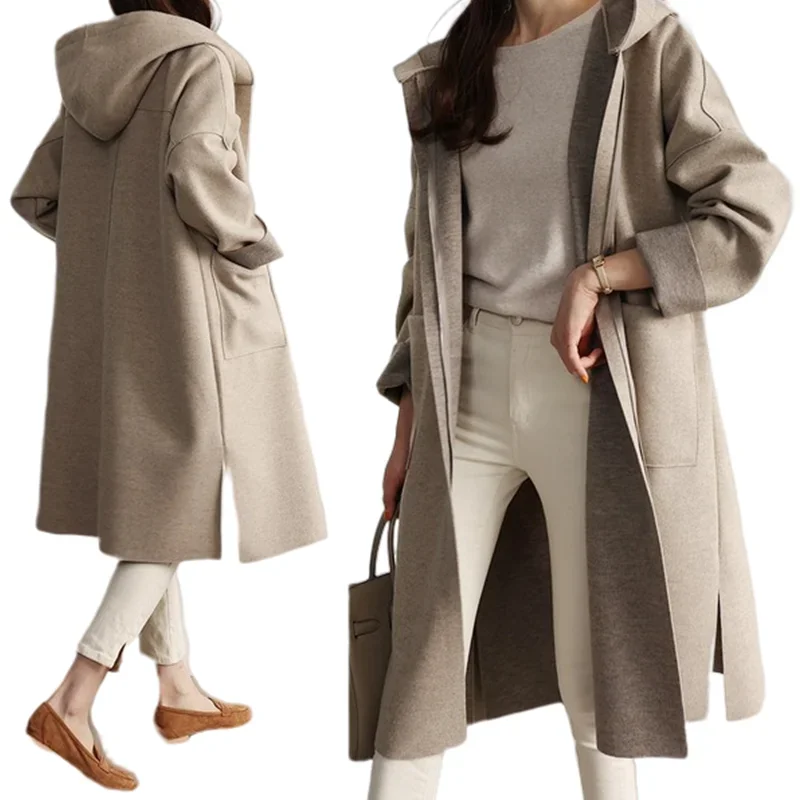 Plus-size Damska wiatrówka z kapturem Casual Loose Turndown Collar Top Trench Coat Laydies Wełniany płaszcz na wiosnę i jesień