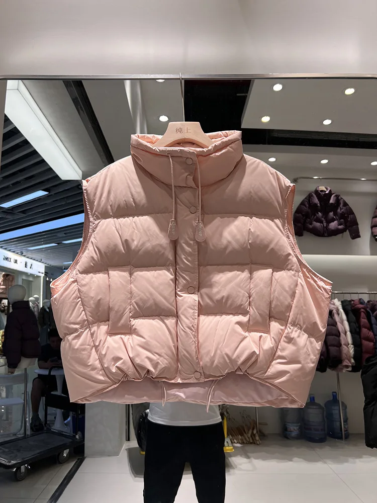 Women's short style stand collar down jacket vest 2025 winter new fashion design loose white duck down jacket trend