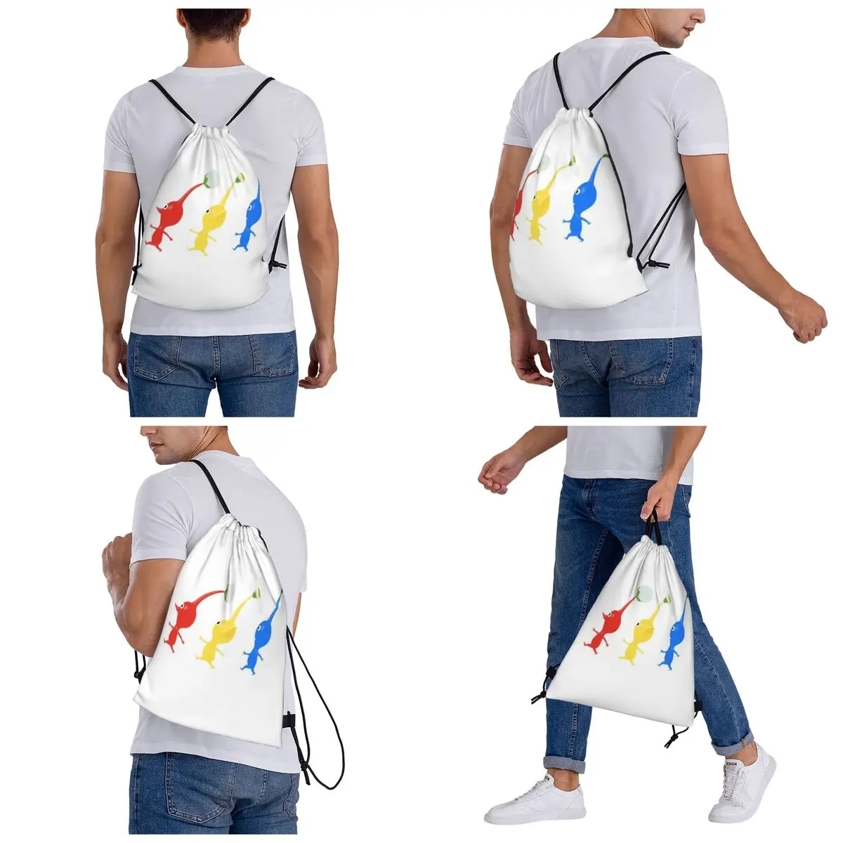 3 mochilas Pikmin para correr (en gris), bolsas portátiles con cordón, paquete con cordón, bolsa deportiva de bolsillo, bolsas para libros para estudiantes de viaje