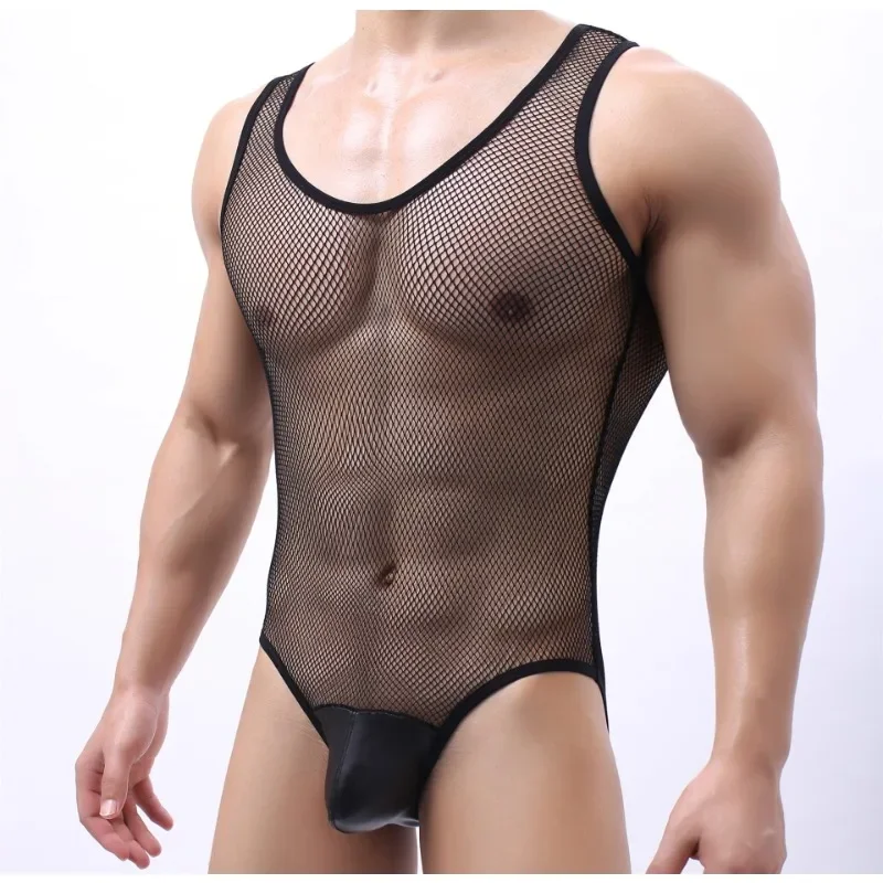 

Sexy Men's Transparent Fishnet Bodysuit Gay Underwear Hollow Out Shaped Jumpsuit Male Hombre Lingerie Erotic Body Suit Nightwear