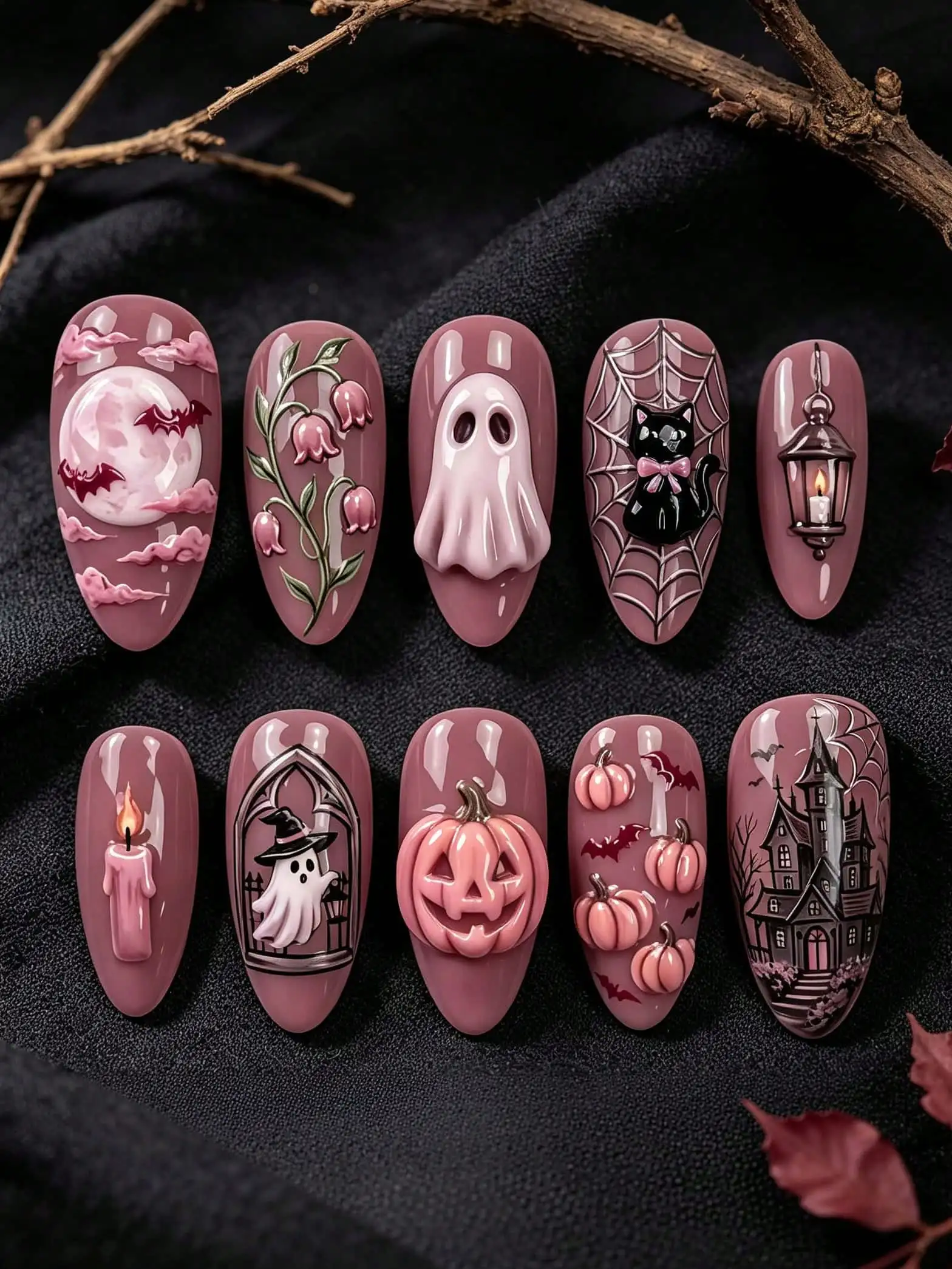 10pcs Handmade Acrylic Press On Nails Long Almond Sweet Spooky Halloween 3D Ghost Pumpkin Bat Spider Web Design Artificial Nail Tips Reusable Stick On Nails For Women Girls Daily Wear Party Cosplay DIY Manicure