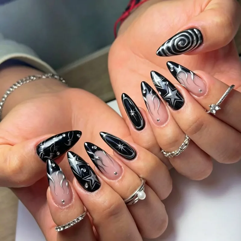 24PCS Dark Y2k Black Almond False Nails Silver Stars Swirl Patterns French Fake Nails for Spice Girls Sweet Cool Nails Press On