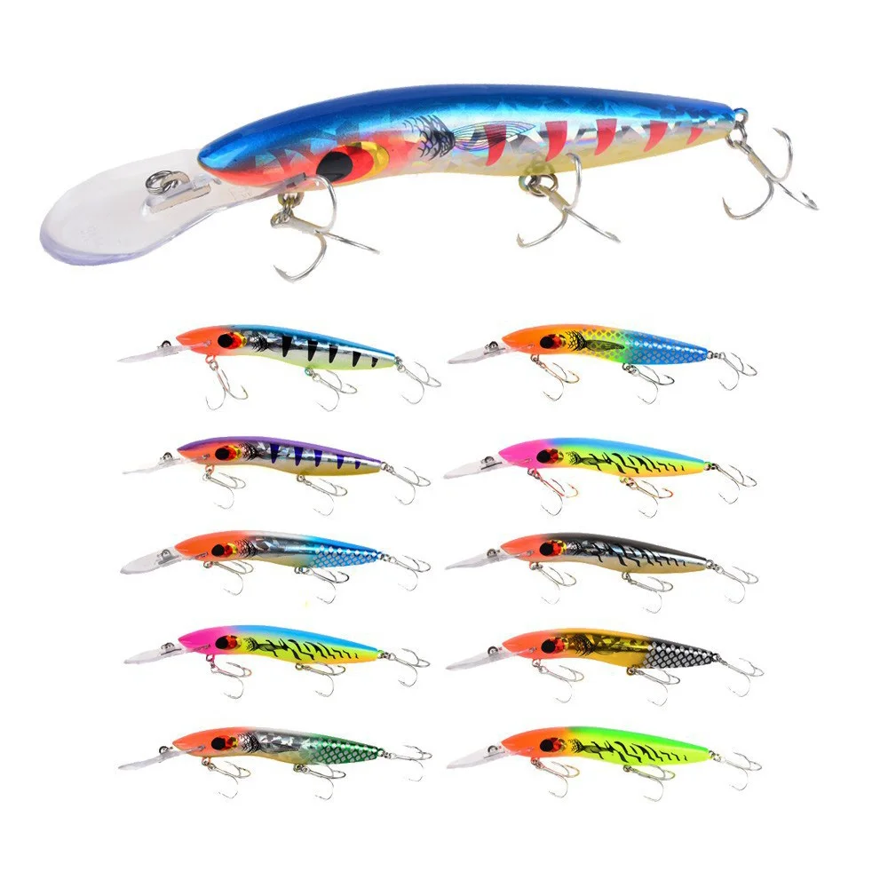 Señuelos de pesca de simulación de pececillo grande, 8M +, vívidos, para buceo profundo, 10 colores, curvatura, curricán, para peces carnívoros de agua dulce