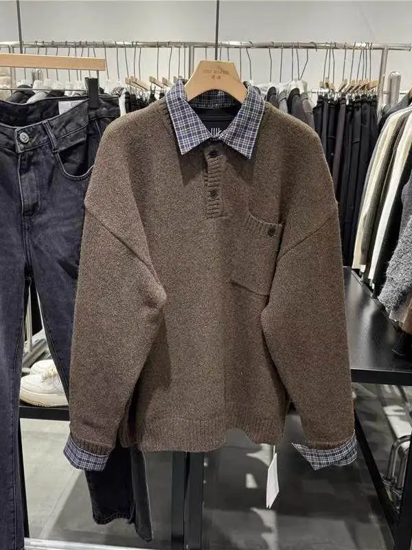 

Casual Loose Men's Knitted Sweater Fake Two-Piece Plaid Pattern Inner Wear Autumn Winter Korean Style Comfortable Warm Top