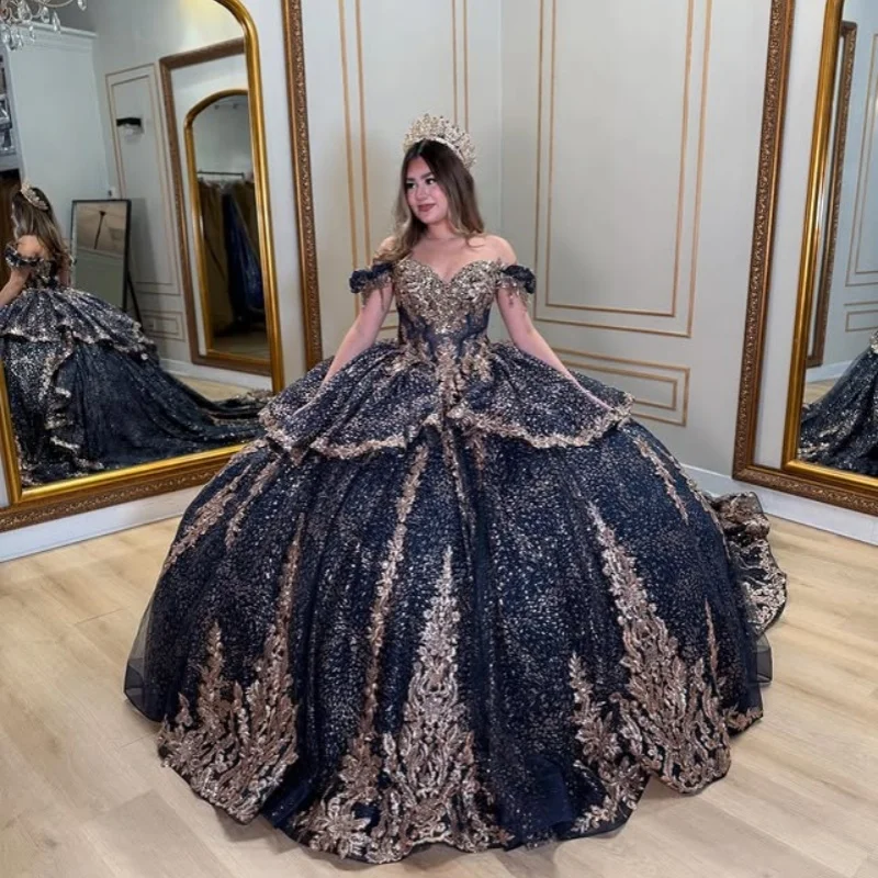 

Customized Shiny Black Quinceanera Dresses Off the Shoulder sequin applique Lace ruffle Long tail Vestido De 15 Quinceanera