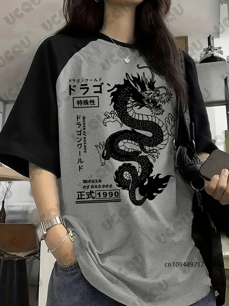 Sommer-Damen-T-Shirt mit Drachenmuster im japanischen Stil, Patchwork, kurzärmelig, Sport-Fußballtrikot, Y2K, lockere, übergroße Oberteile