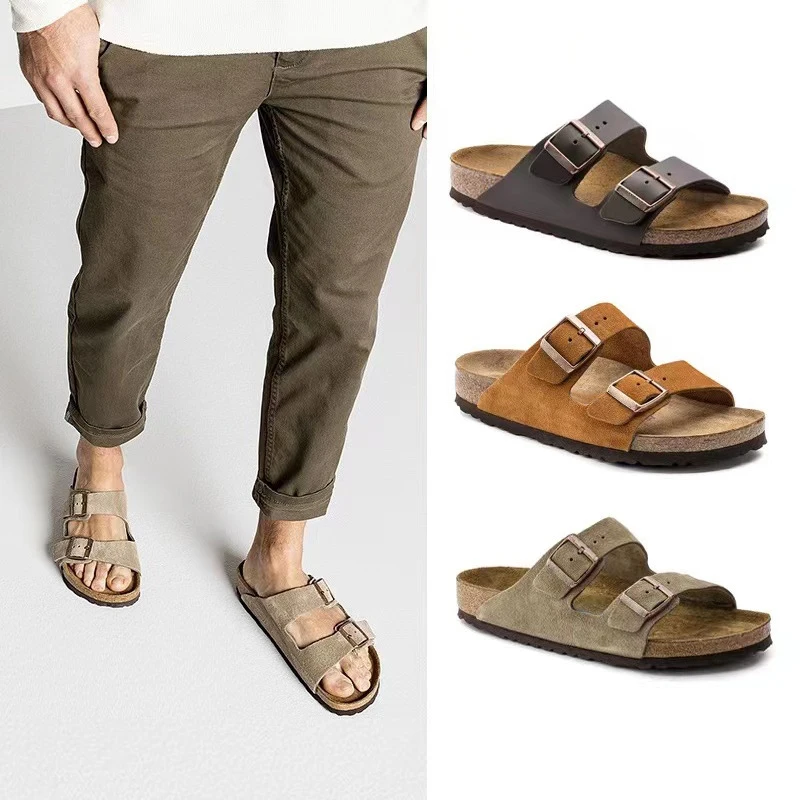 

Cork-soled German-style sandals,New men's and women's genuine leather double-buckle retro sandals,Arch Support