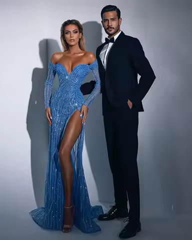 Gorgeous Off Shoulder Evening Dress Sequined Beaded Long Sleeves Prom Gowns Split Party Dresses Custom Made