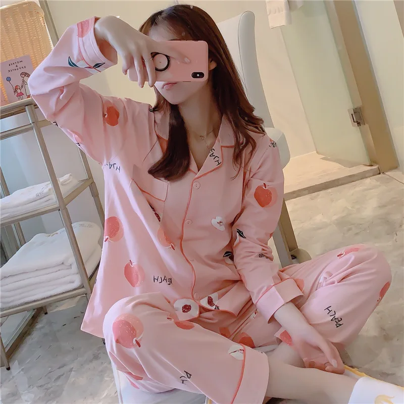 Pajamas Women\'s Long-Sleeved Long Trousers Cartoon Cute Thin Home Clothing Fashion Cardigan Women\'s Pajamas Sweet Prints