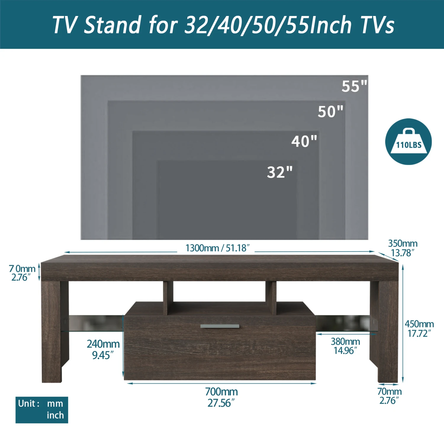 20 minutes quick assembly brown simple modern TV stand with the toughened glass shelf Floor cabinet Floor TV wall cabinet Brown