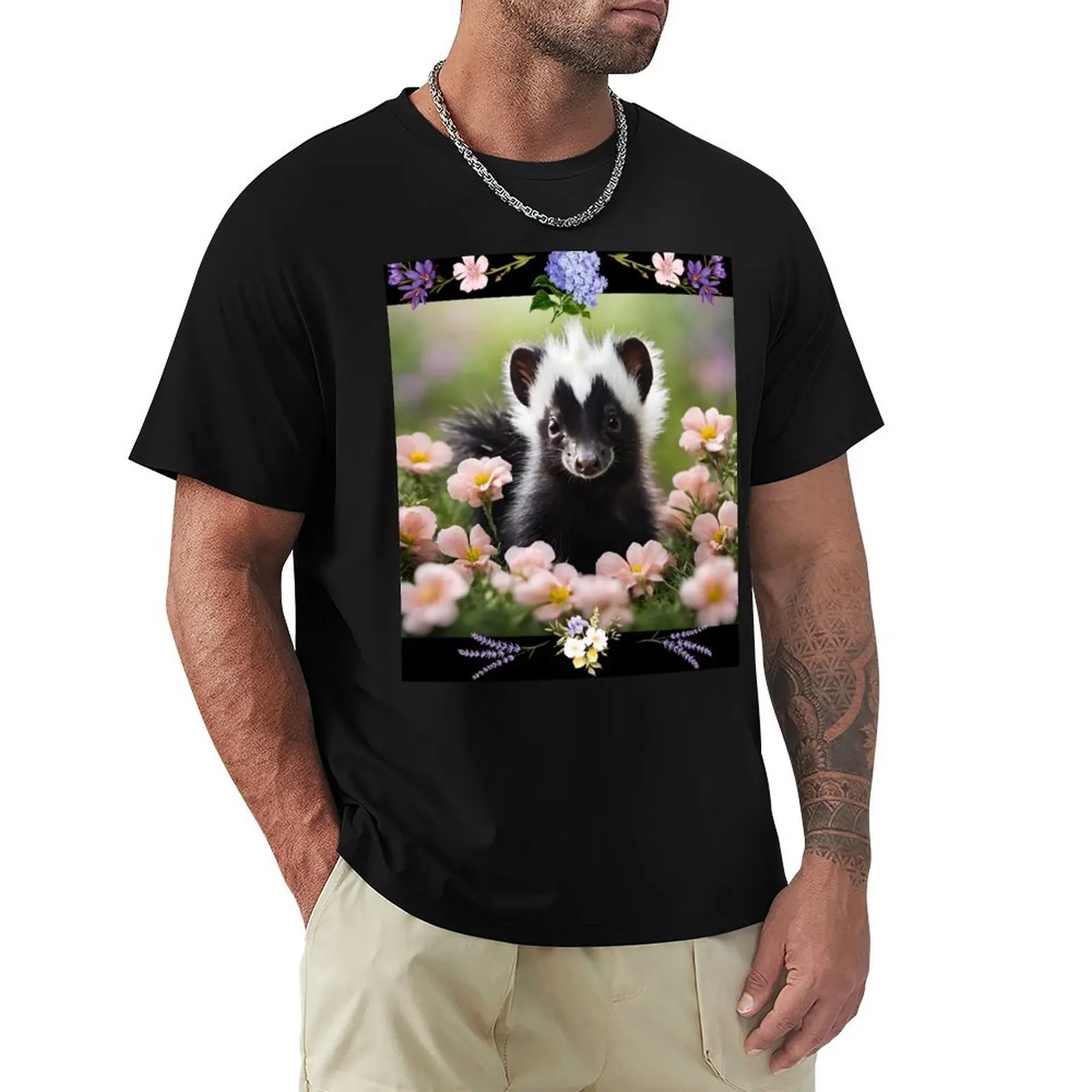 Sweet Baby Skunk With Spring Flowers Colorful Design T-Shirt oversized graphics anime clothes for a boy mens plain t shirts