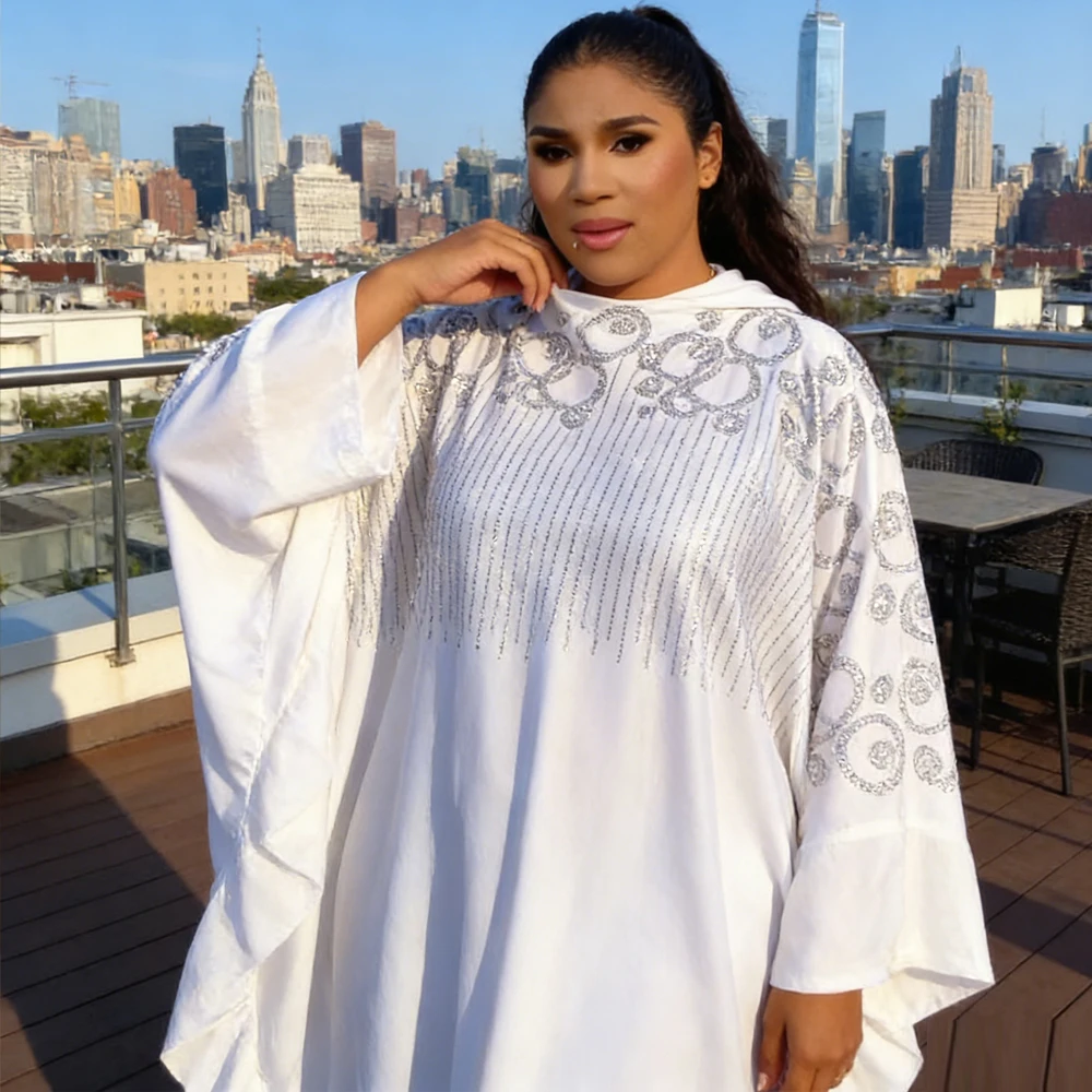 

Elegant African White Dresses for Women Ankara Dashiki Africa Clothing Rhinestone Loose Boubou Robe Muslim Hijab Dress Kaftan