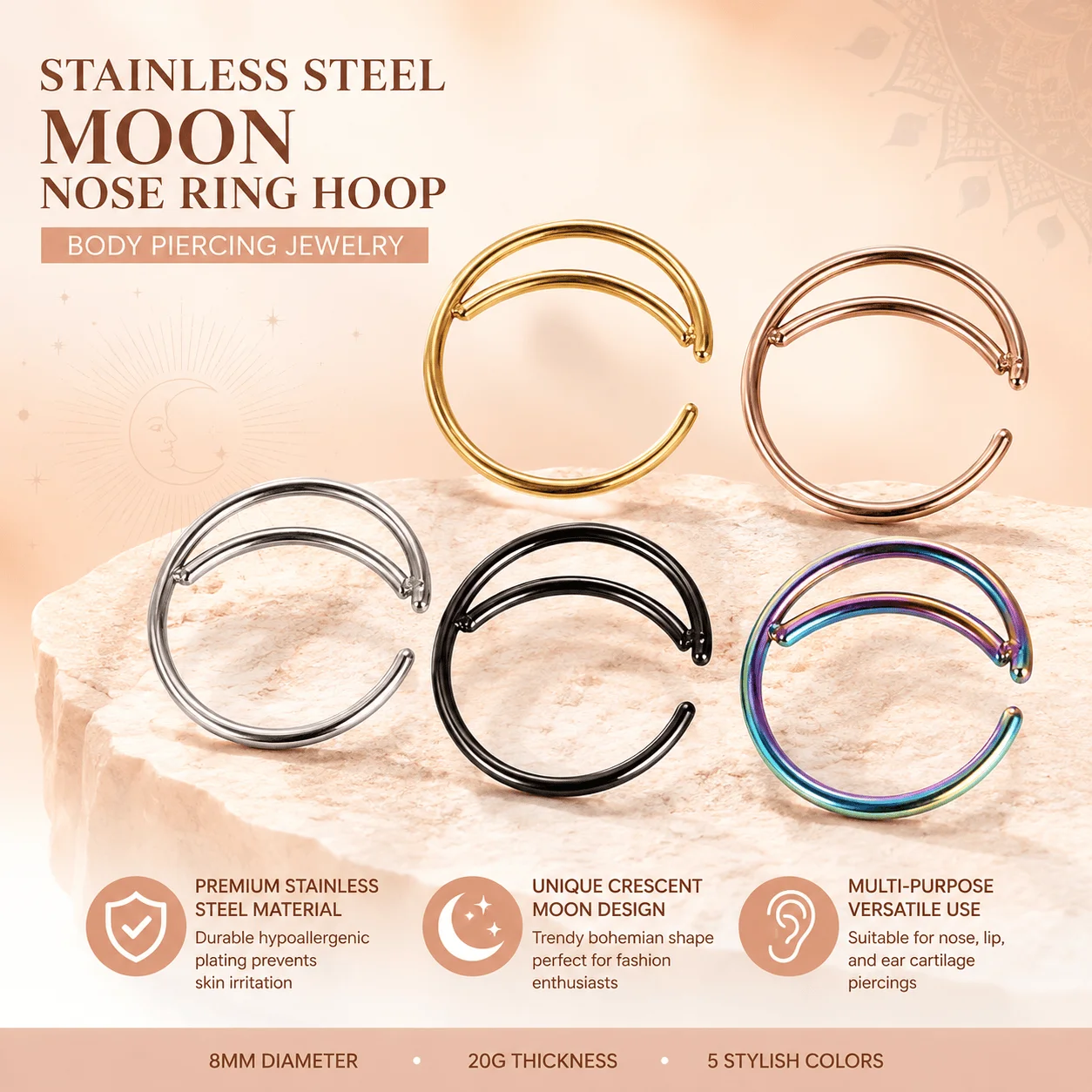 Moon Nose Ring Hoop Steel Septum Ring Indian Piercing Jewelry Cartilage Earring 20G Lip Ring Unisex Adjustable Crescent Design